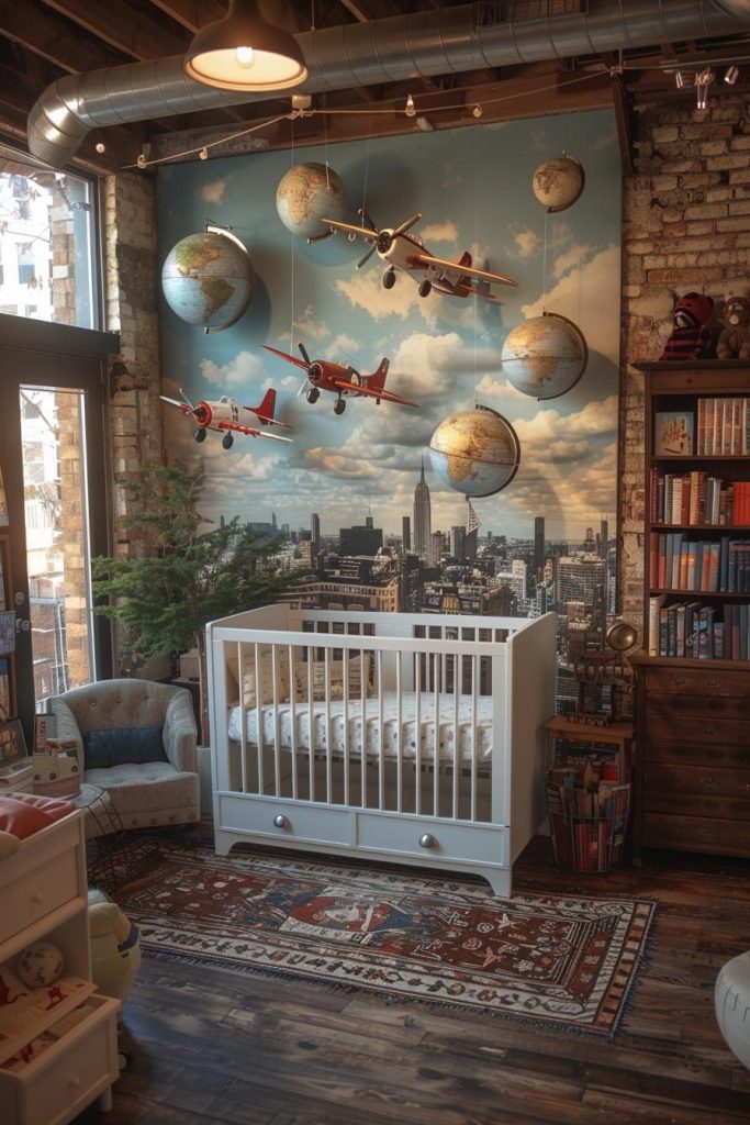 Airplane mobiles and map murals inspire the world's littlest citizens to dream big in this wanderlust-themed nursery.