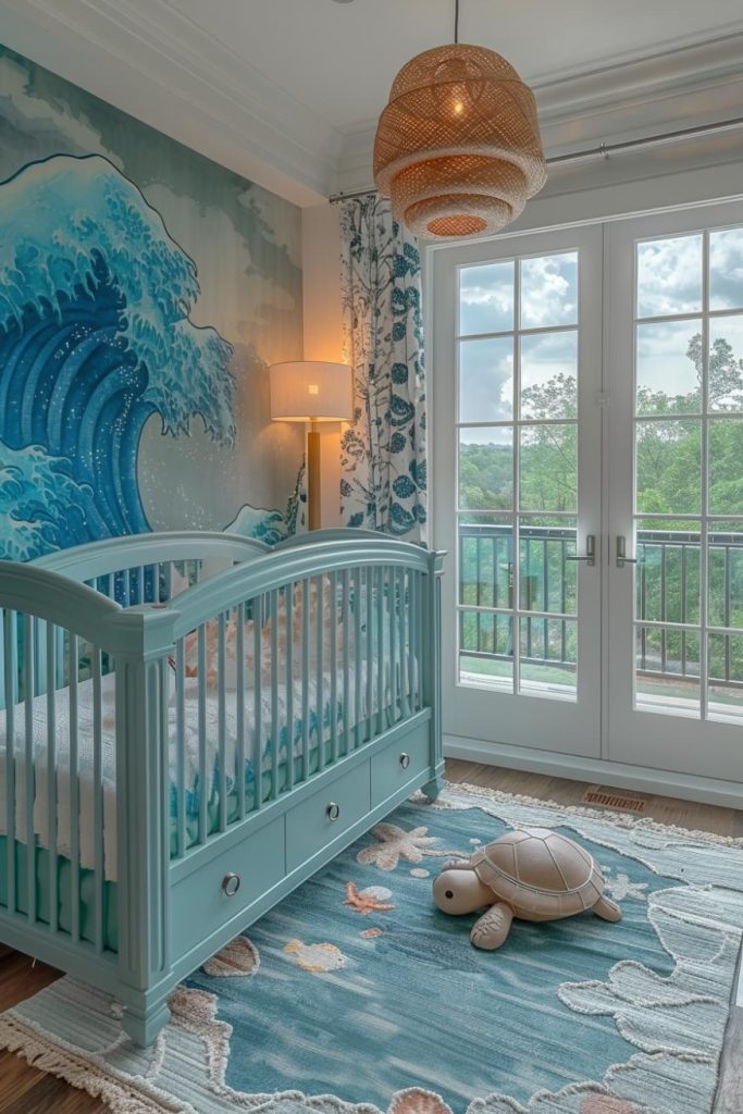 The echoes of a tropical blue lagoon flow through the room, creating a refreshing space for relaxation and lullabies.