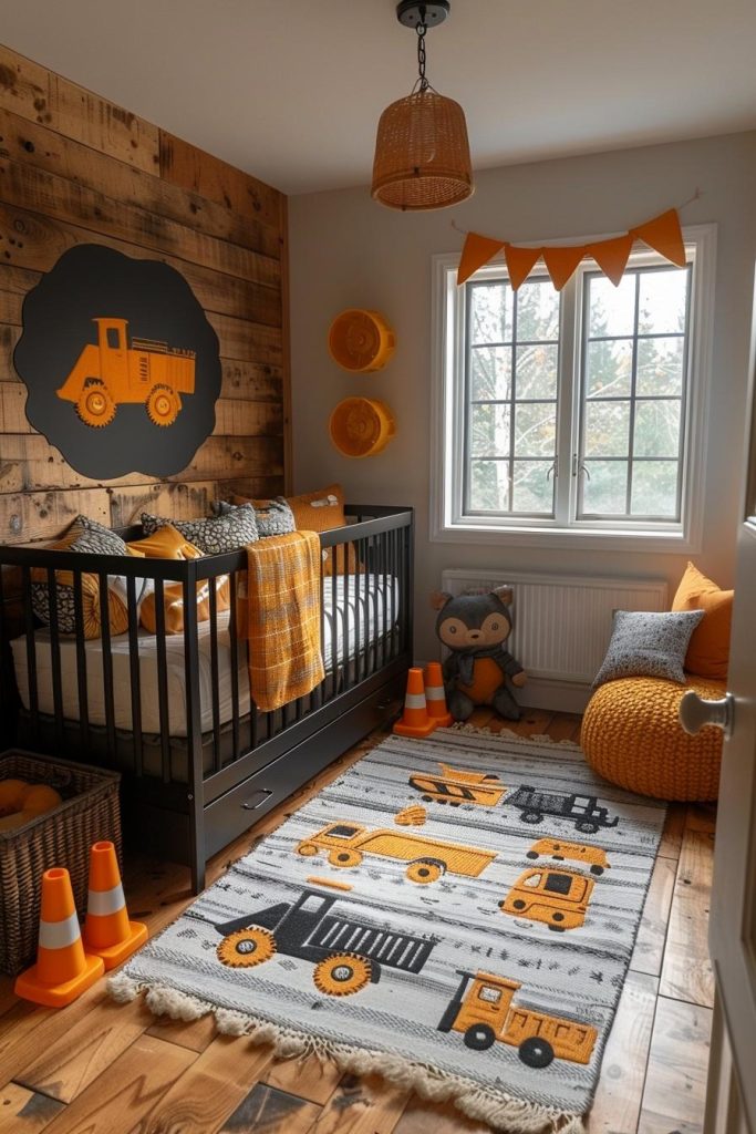 Excavators and dump trucks encourage constructive play in this fun black and yellow nursery that your little boy is sure to love.