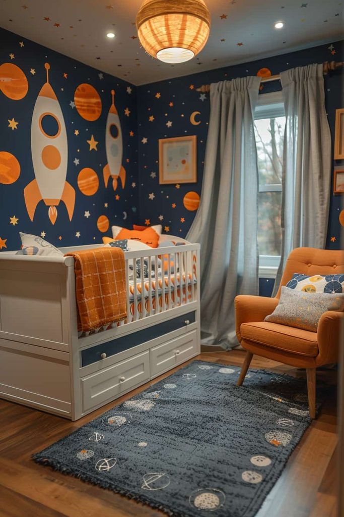 Rotating celestial bodies and spaceship prints take little dreamers on a space adventure in this children's room.