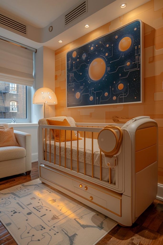 Friendly robots and futuristic designs create an immersive room for little boy, ready to explore and discover.