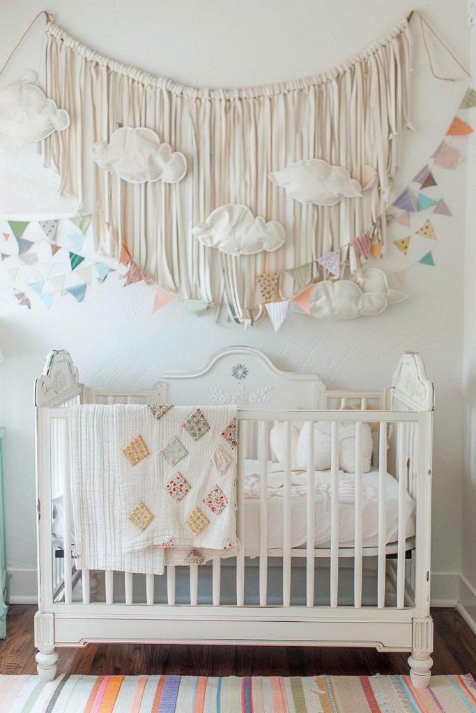 Colorful bunting floats on the walls and extends to fluffy white clouds on the walls and ceiling, adding fun and festivity to the air in the child's room and bringing joy with every glance.