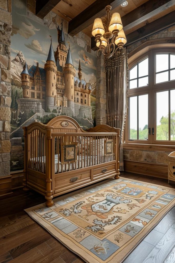 A castle mural and knightly decorations bring medieval cheer to a little squire in this children's room.