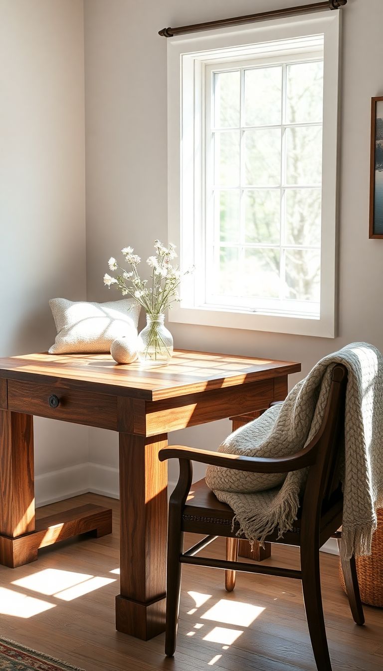 Rustic wooden desk with cushions