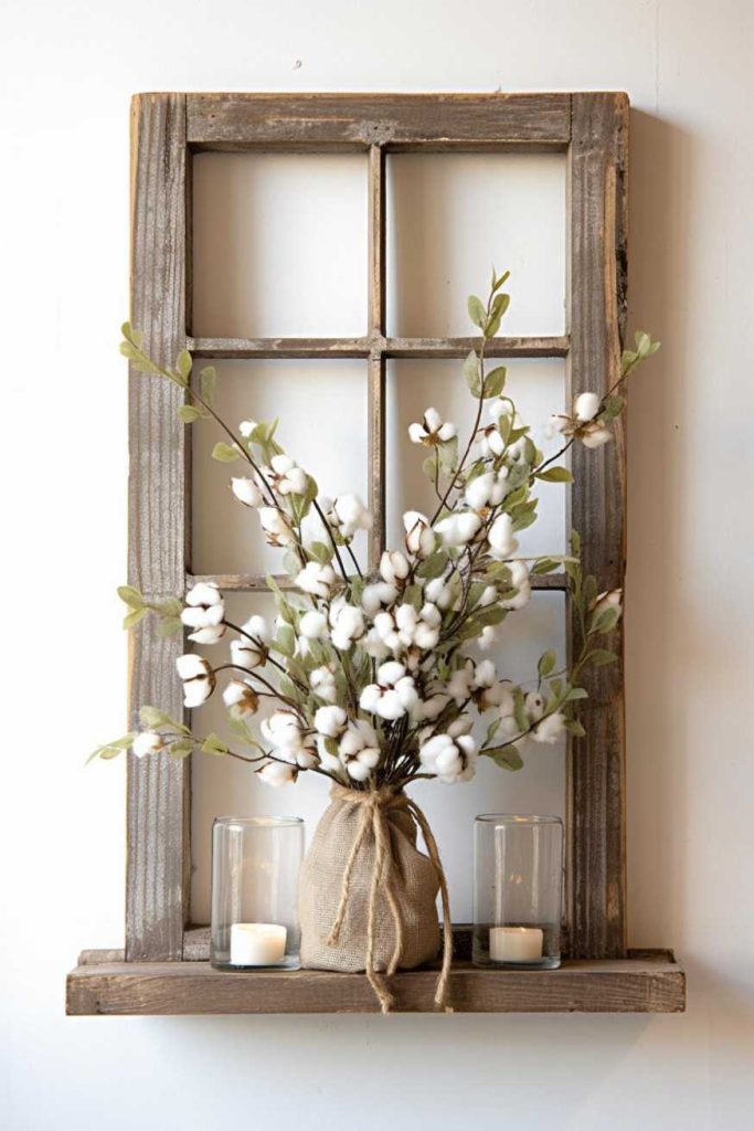 Rustic wooden window frame decoration featuring a bouquet of cotton stems in a burlap vase flanked by two small glass candle holders with white tealight candles.