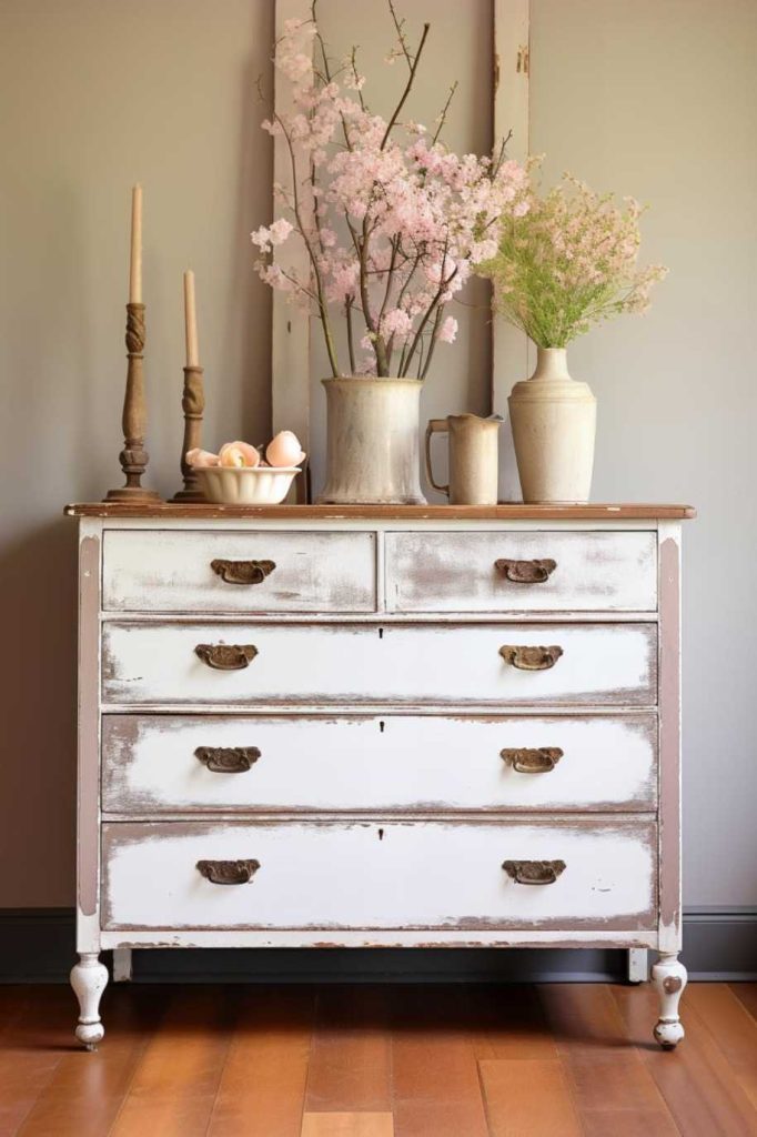 Vases with pink flowers, candlesticks and a bowl of eggs stand on a vintage wooden chest of drawers with worn white paint. The dresser stands in front of a gray wall with a wooden floor underneath.