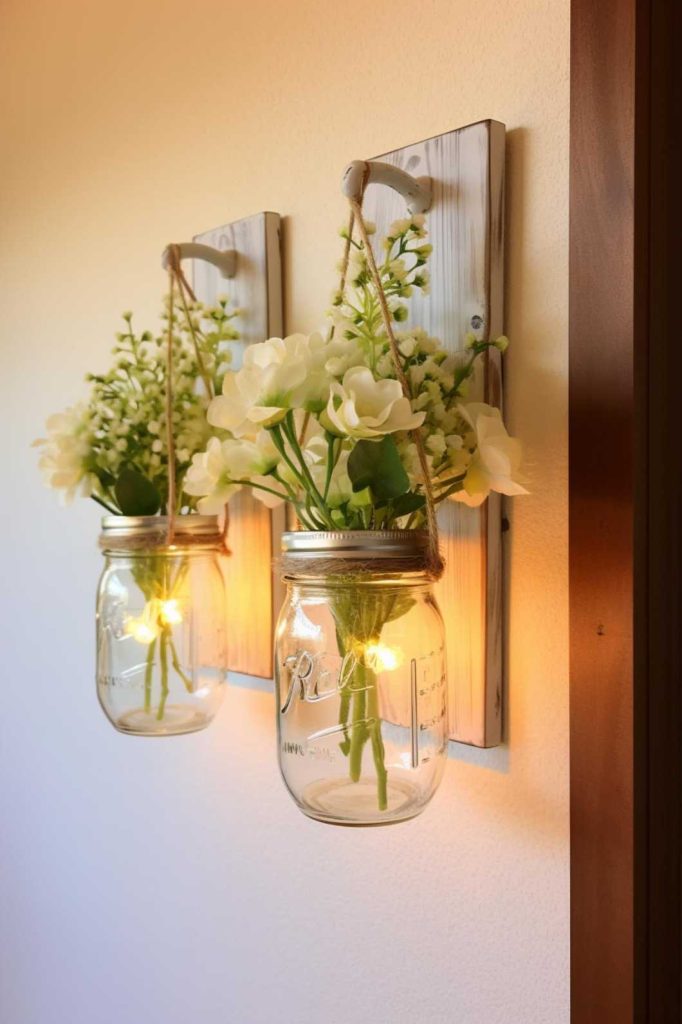 Two wall-mounted mason jars with LED lights and artificial white flowers hanging from a rope on wooden panels illuminate a beige wall.