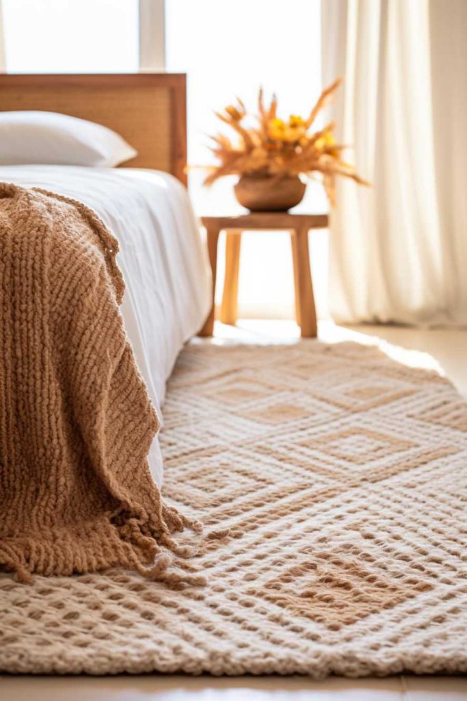 A cozy bedroom corner with a white bed, a caramel knit throw and a textured beige rug. Next to the bed there is a wooden bedside table with a vase of dried flowers.