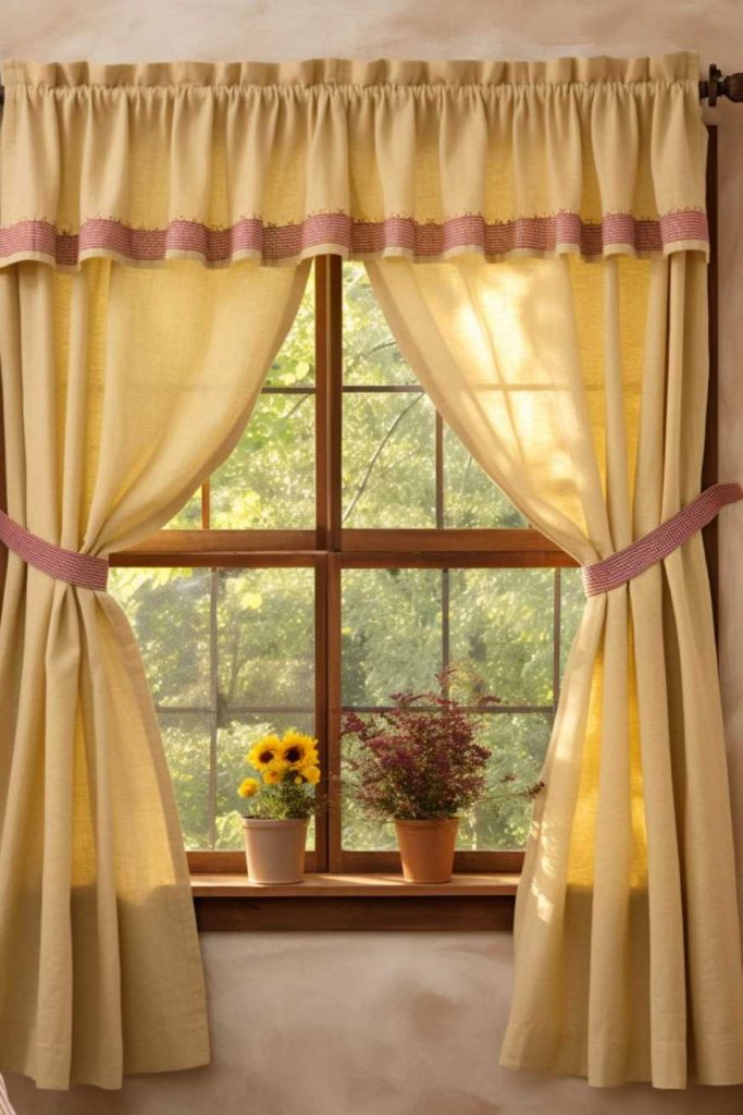 A window with yellow curtains pulled back to let in sunlight. There are two potted plants on the windowsill, one with sunflowers and one with small red flowers.