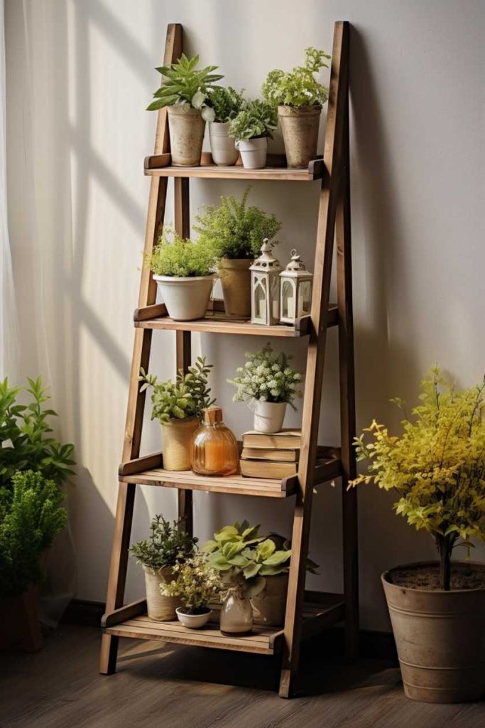 A ladder-like wooden shelf holds various potted plants, books and decorative lanterns and sits next to a window that streams in natural light.