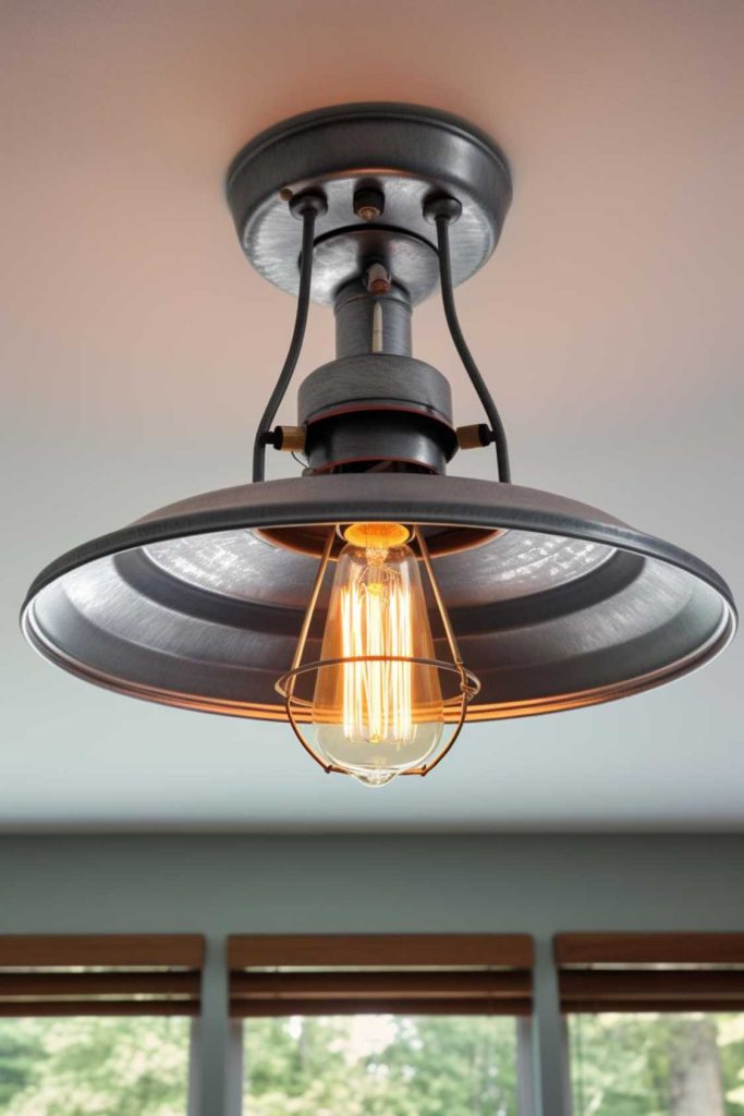 A ceiling-mounted metal light fixture with an exposed Edison bulb is centered in the image. Three window tops can be seen in the background.