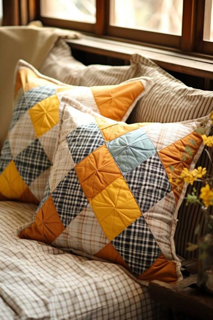 Two quilted pillows with plaid and patchwork patterns lie on a pinstripe cushion in front of a window. Yellow flowers can be seen in the foreground.