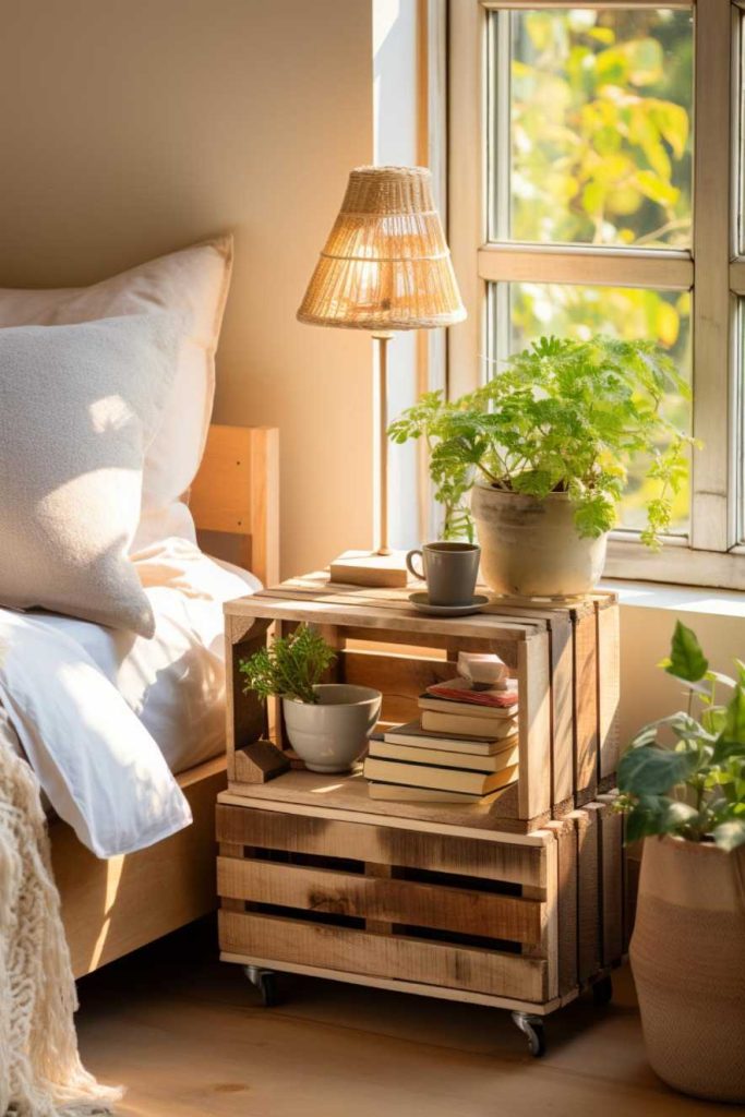 A bedside table with a wooden bedside table with books, a potted plant and a lamp. Next to it is a bed with <a href=