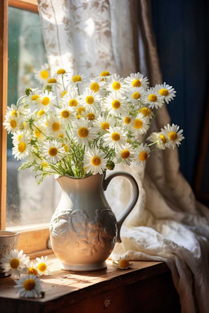 A white ceramic pitcher with white and yellow daisies sits on a wooden windowsill, the sheer curtains are partially drawn and natural light streams through the window.