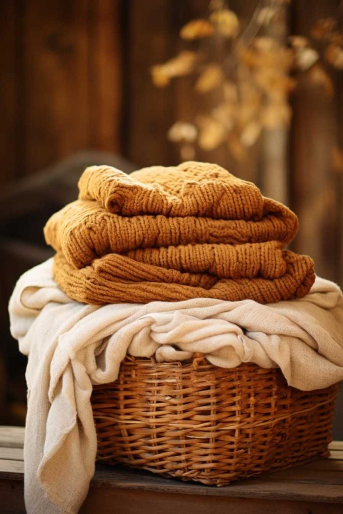 A woven basket filled with folded mustard knit blankets, over a light beige fabric draped over the edge, indoors.