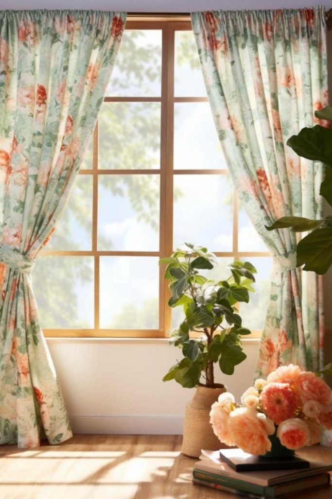 Sunlit room with floral curtains, a potted plant and a bouquet of flowers on books in front of a large window.