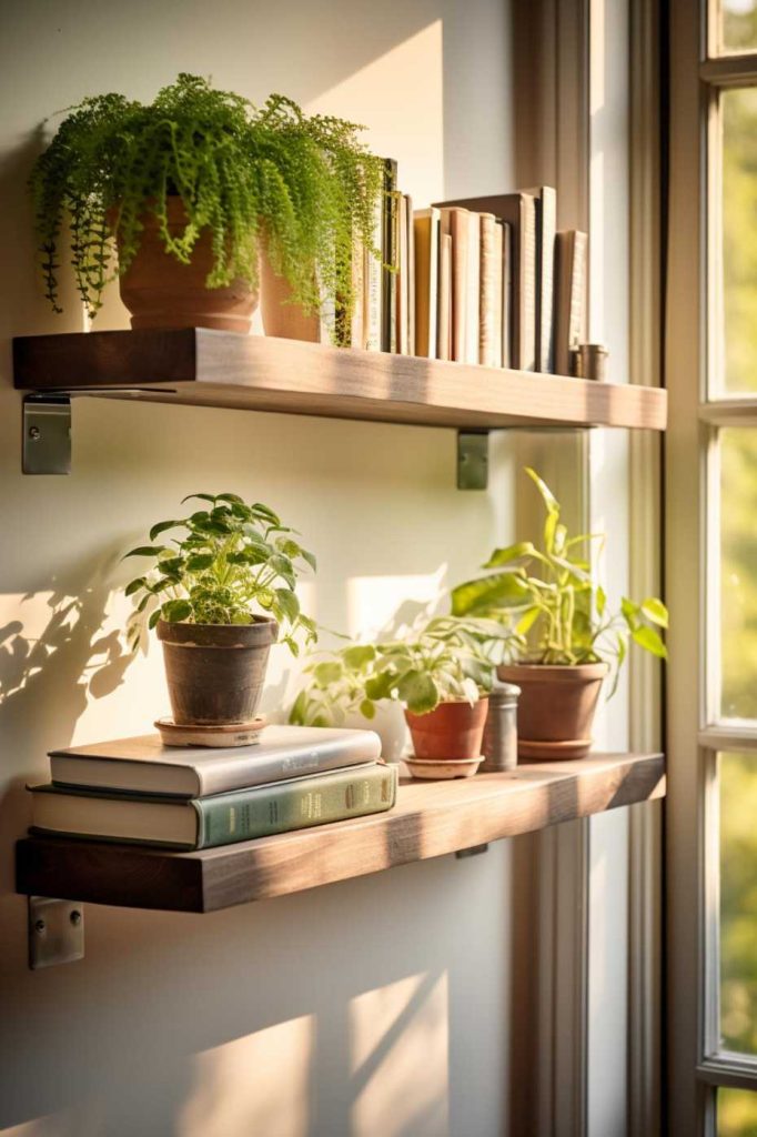 Two wooden shelves mounted on a wall display potted plants and books as sunlight streams through a nearby window.