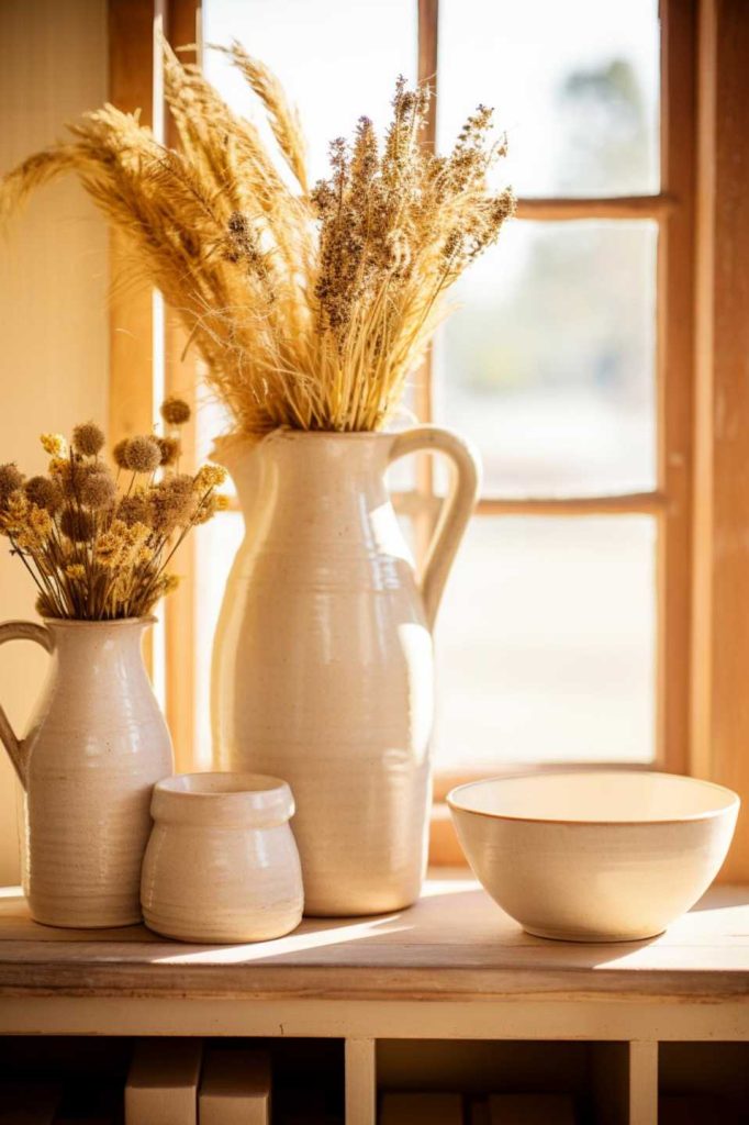 Ceramic vases and bowls with dried wheat and flowers on a wooden shelf. A window in the background ensures that natural light illuminates the objects.