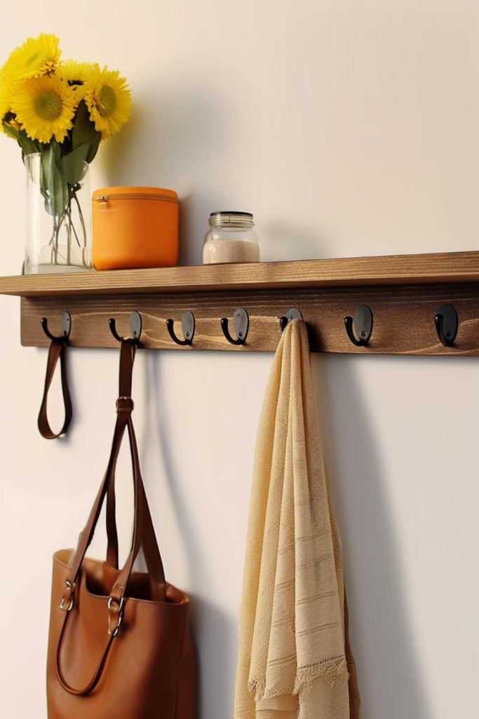 A wooden wall shelf with hooks to which a bag and a scarf are attached. On the shelf are a vase of sunflowers, an orange container and a candle.