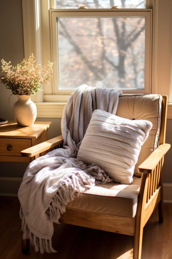 A comfortable chair with pillows and a blanket stands next to a window through which soft light streams in. There is a vase of flowers on a <a href=