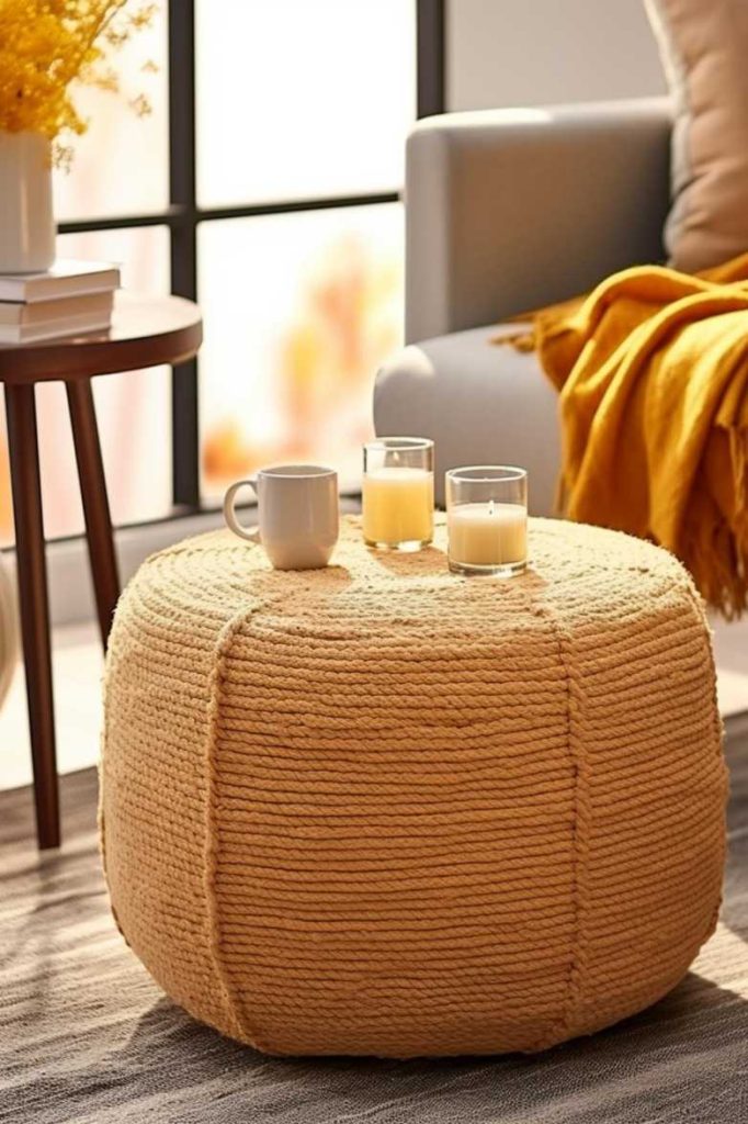 A knitted stool with candles and a cup on it stands next to a small round table with books and yellow flowers. In the background there is a gray chair with a yellow throw.