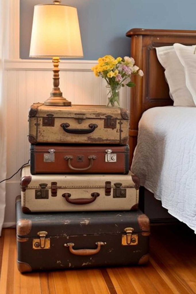 A stack of vintage suitcases serves as a bedside table with a lamp and a flower vase next to a bed and a wooden headboard.