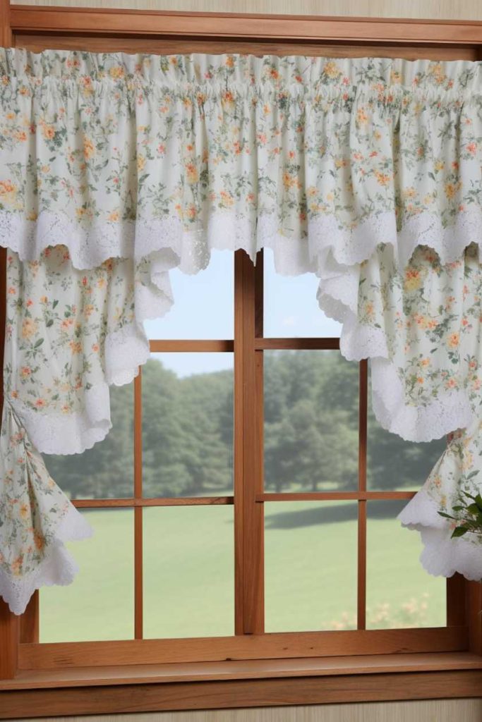 A wooden framed window with floral ruffled curtains and a scenic view of a green meadow and trees outside.