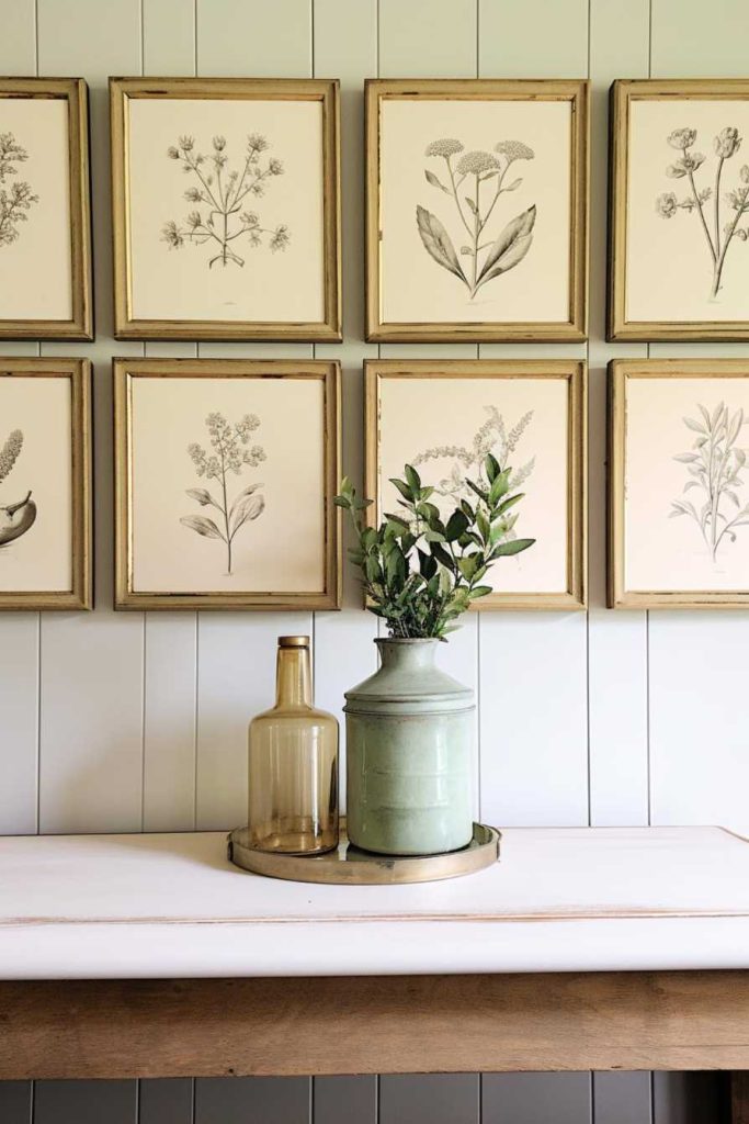 A wall of six framed botanical prints above a wooden table on which sits a tray with two vases, one green with leafy branches and one clear amber.