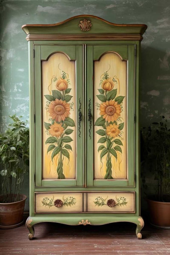 A green wooden cabinet sits against a textured wall with sunflower paintings on the doors, flanked by potted plants. The wardrobe has two large doors and two small drawers at the bottom.