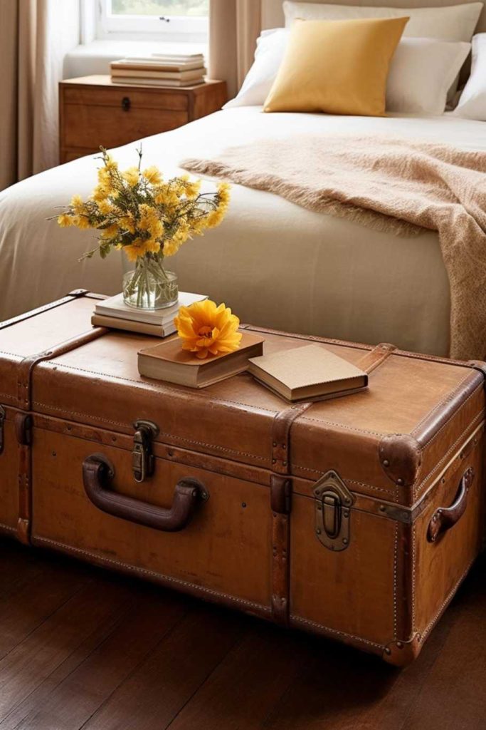 A cozy bedroom with a made bed, a wooden nightstand and an old-fashioned suitcase that serves as a coffee table. The suitcase contains a vase with yellow flowers and books.