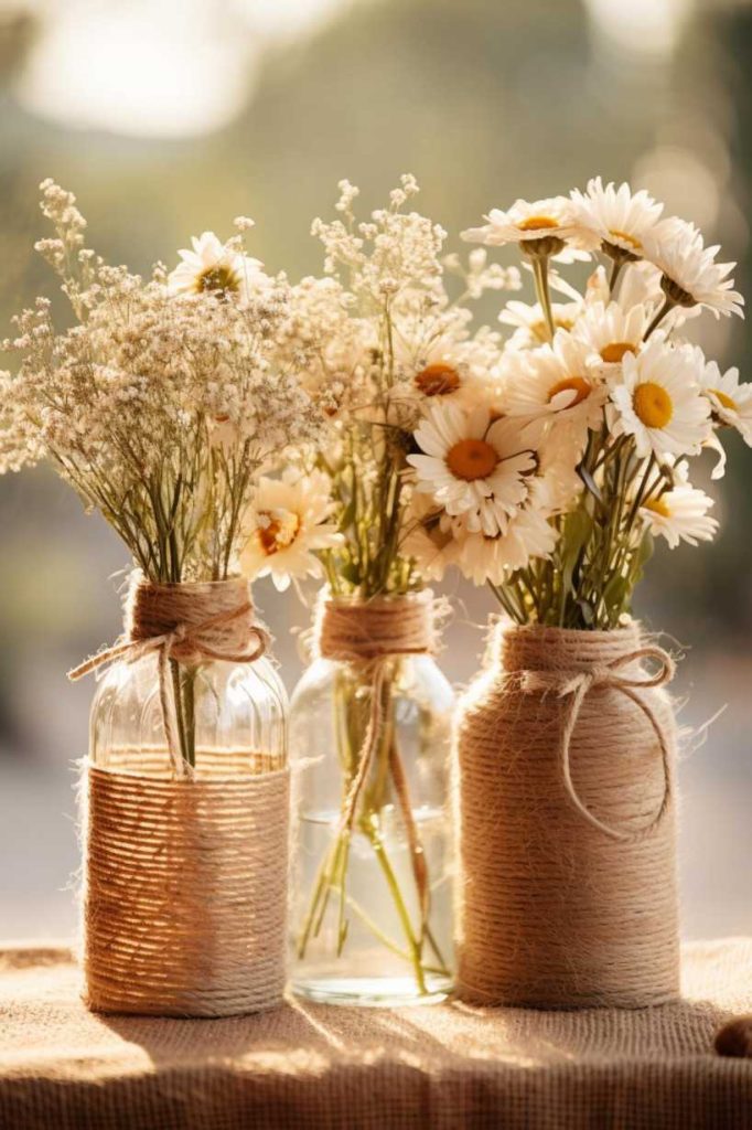 Three jars filled with daisies and gypsophila, wrapped in twine, are displayed on a burlap-covered surface with a blurred background.