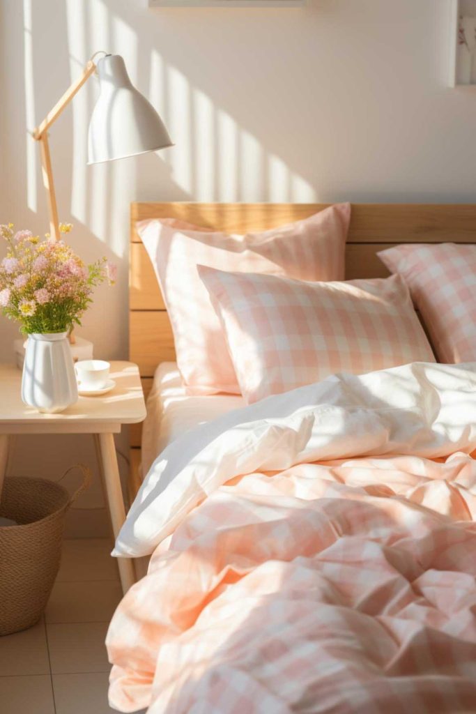 A neatly made bed with peach gingham linens. On a bedside table there is a lamp, a small potted plant with flowers and a cup. Sunlight streams in and casts shadows on the wall.