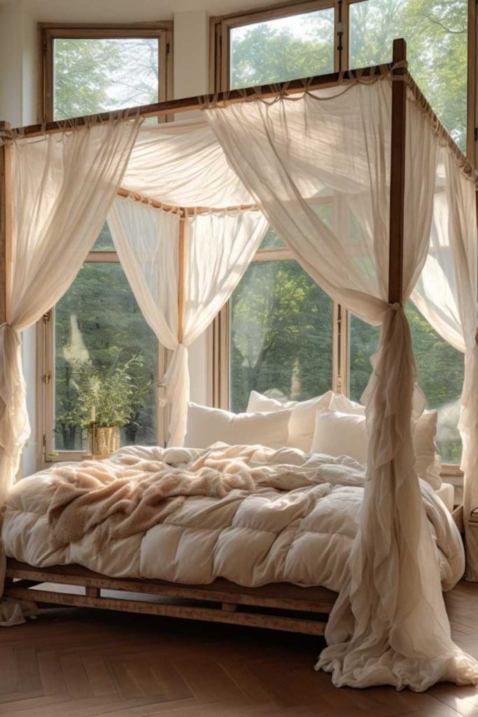 A cozy bedroom with a wooden four-poster bed draped with sheer white curtains and soft linens. Large windows in the background provide a view of the greenery.