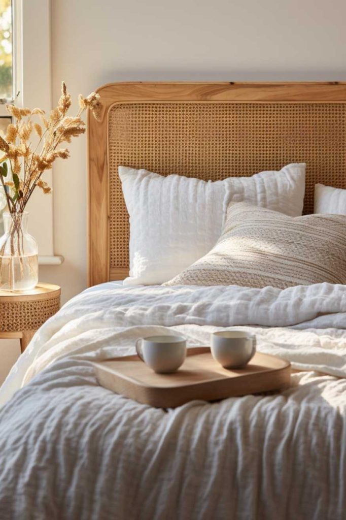 A neatly made bed with white linens, two pillows and a light brown blanket. There is a wooden tray with two cups on the bed. Next to the bed there is a bedside table with a vase of dried flowers.