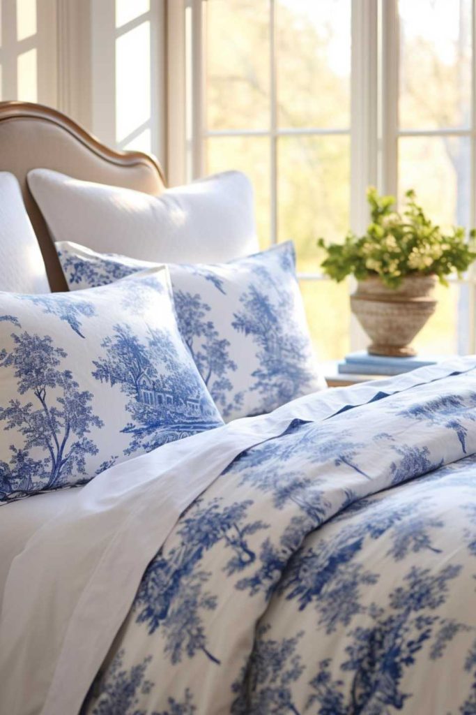 A bed with blue and white toile patterned linens, fluffy pillows and a potted plant on a table by the window.