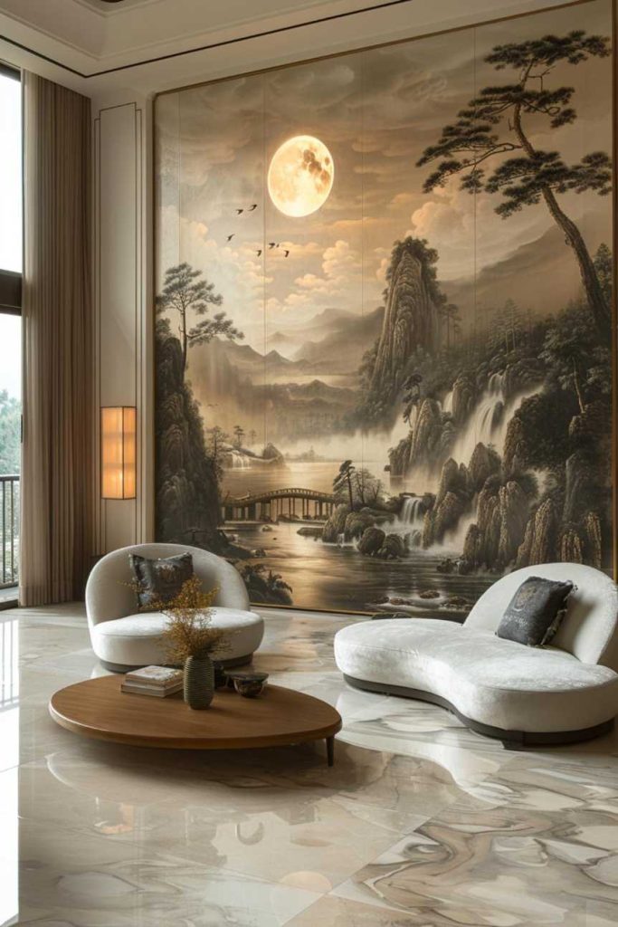 In a spacious room, an exquisite Arcadia mural is carefully etched into a solid wall. It showcases majestic charcoal trees reaching gracefully towards the sky, evoking a feeling of timeless sophistication and sophisticated elegance.