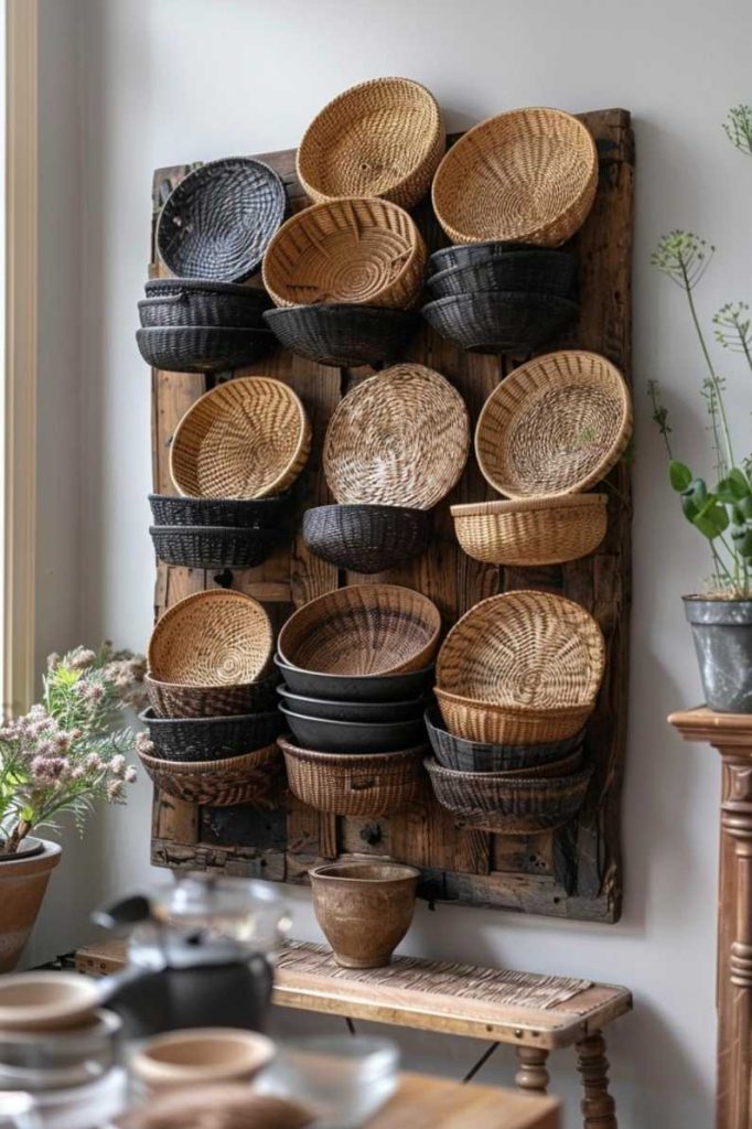 Bold black, white and tan baskets are cleverly and beautifully arranged to break up the monotony of a large, paneled wall in a rustic farmhouse style.