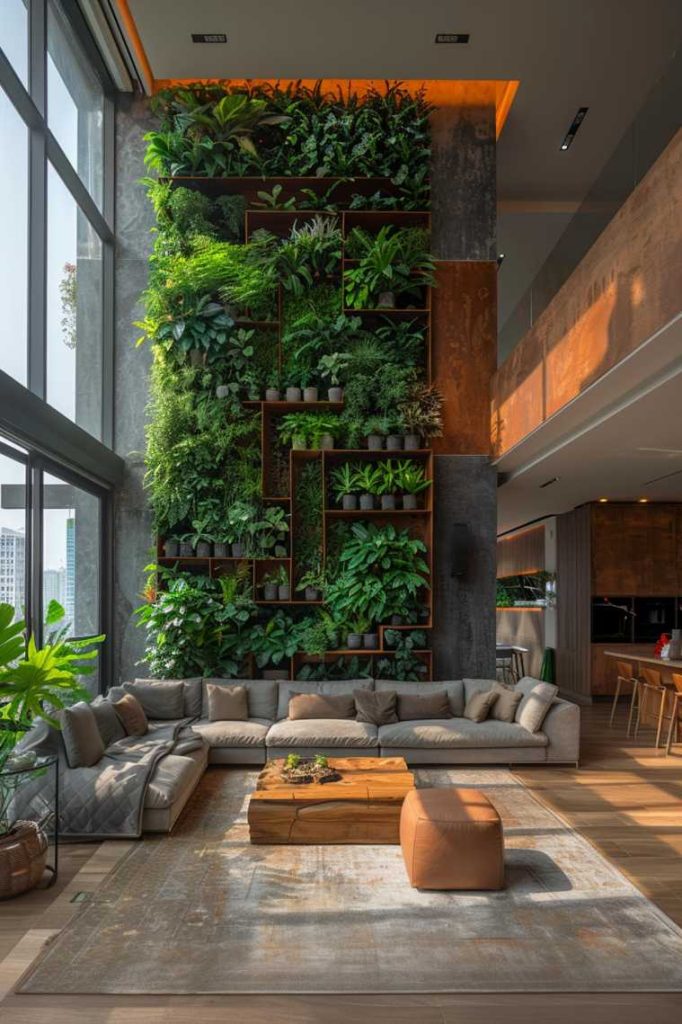 A lush vertical garden transforms an expansive wall into a vibrant, living canvas, not only increasing the visual appeal of the space but also filling it with the invigorating presence of nature.