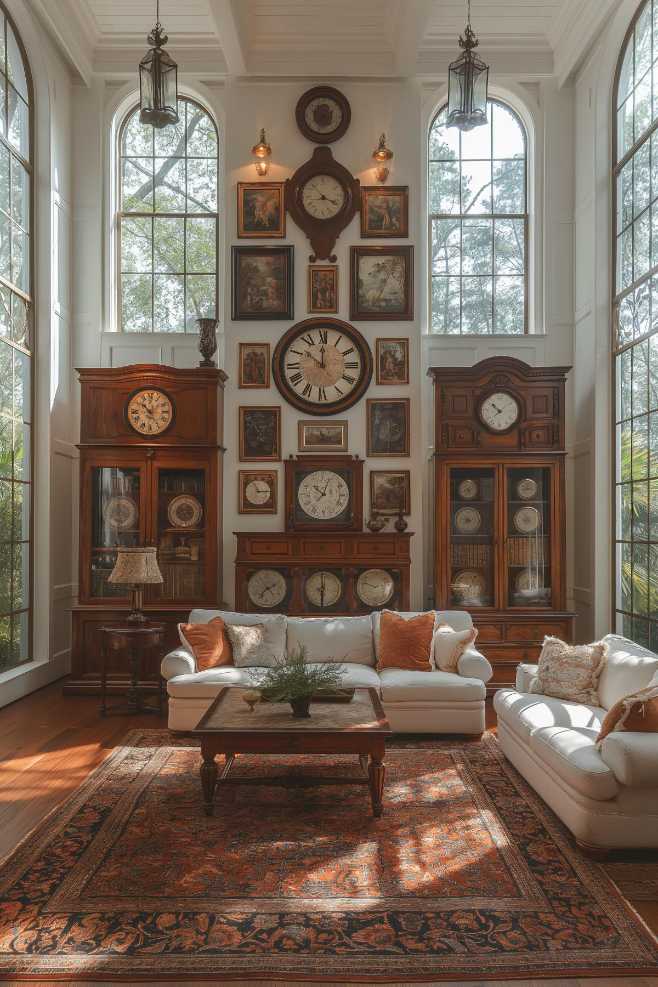 Dominating the space with a collection of clocks and artwork transcends its practical function and becomes a captivating focal point that demands attention and serves as a dominant presence that anchors the entire space.