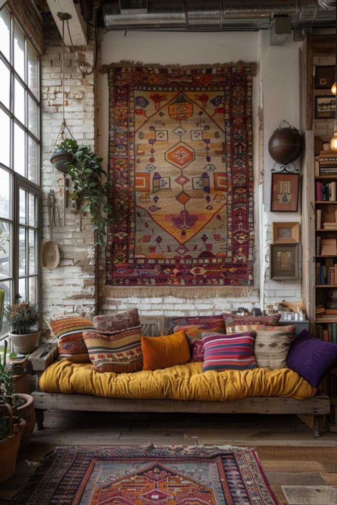 A generously sized woven tapestry resplendent with intricate patterns and a vibrant spectrum of colors, adorning a vast blank wall, tells a captivating story through its artistry.