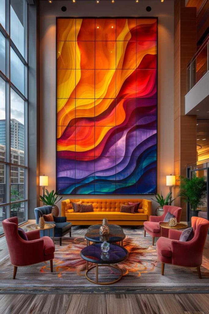 Art installations with an abstract touch or pop of color serve as a visual centerpiece in a large room. Be creative when choosing because the artwork you choose can make or break the look of a room.