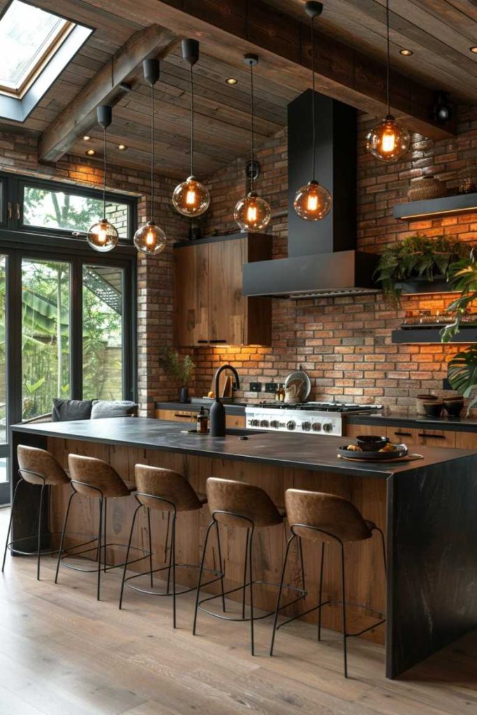 Exposed brick or metal accents add an industrial touch to a large wall and add industrial chic to your space while complementing the scale of a modern space.