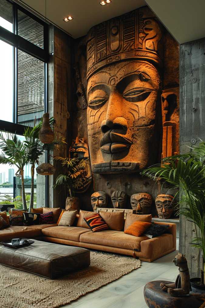 This spacious wall presents an eclectic display of tribal masks and intricately woven fabrics from various parts of the world, introducing a rich tapestry of cultural depth and global intrigue.