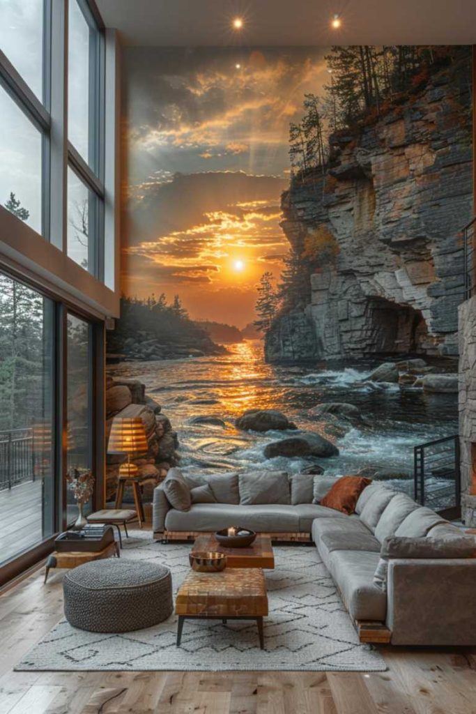 A mesmerizing landscape mural adorns a solid wall, skillfully creating the illusion of a sweeping vista, transporting the viewer to distant destinations and infusing the space with a sense of imaginative wonder. 