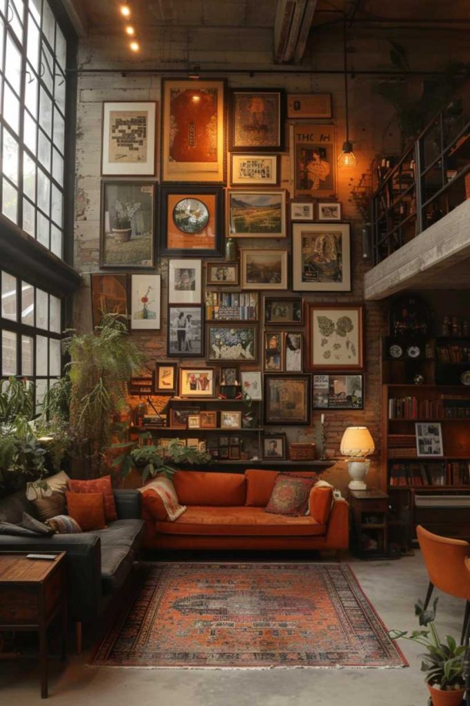 An expansive gallery wall serves as a captivating showcase for an extensive collection of carefully curated framed artwork, treasured personal photographs and treasured memorabilia, providing a visual narrative that celebrates fond memories.