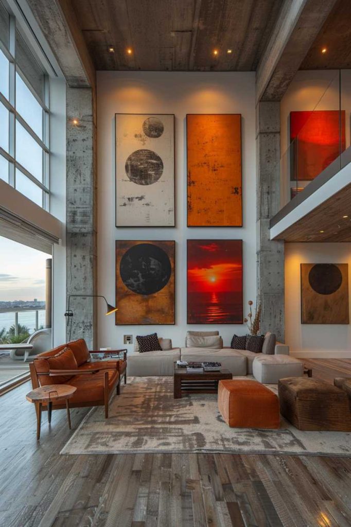 A captivating exhibition of oversized canvas prints, carefully arranged in an inspired cluster, transforms a large wall space into a gallery of grand proportions, creating an immersive visual experience.