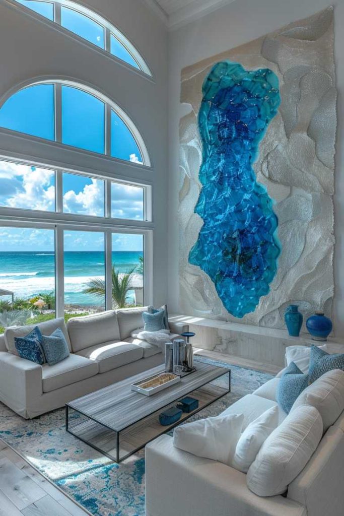 A tranquil coastal theme comes to life on a large wall through a harmonious mix of ocean tones and ocean-inspired decor, enveloping the space in a calming atmosphere reminiscent of the peaceful tranquility of the coast.