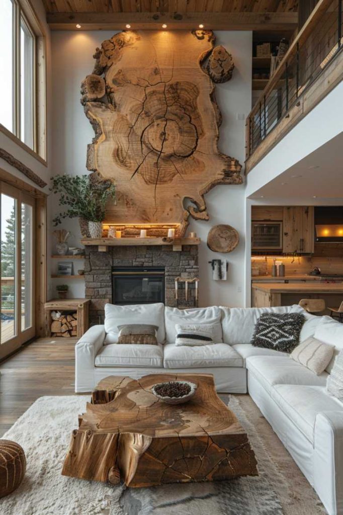 A wall decorated with natural wood or stone materials and accents incorporates outdoor elements and adds rustic texture to a large room.