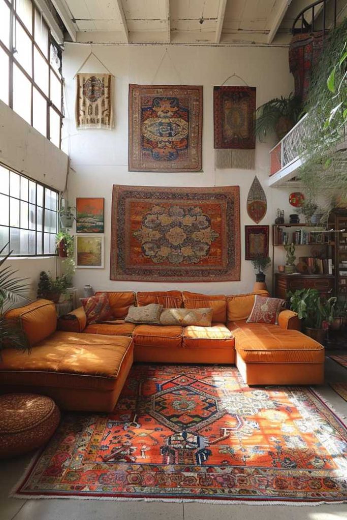 Showcase a vibrant bohemian spirit with a collection of eclectic tapestries and carefully crafted macrame wall hangings that add a free-spirited and artistic energy to a spacious wall.