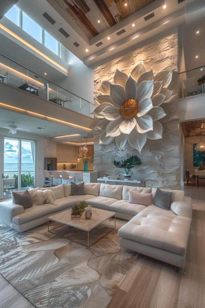 Taking a large wall to new heights with intricately designed three-dimensional wall art creates a captivating interplay of depth and dynamism that fills the room with a wealth of visual interest that captivates from every angle.